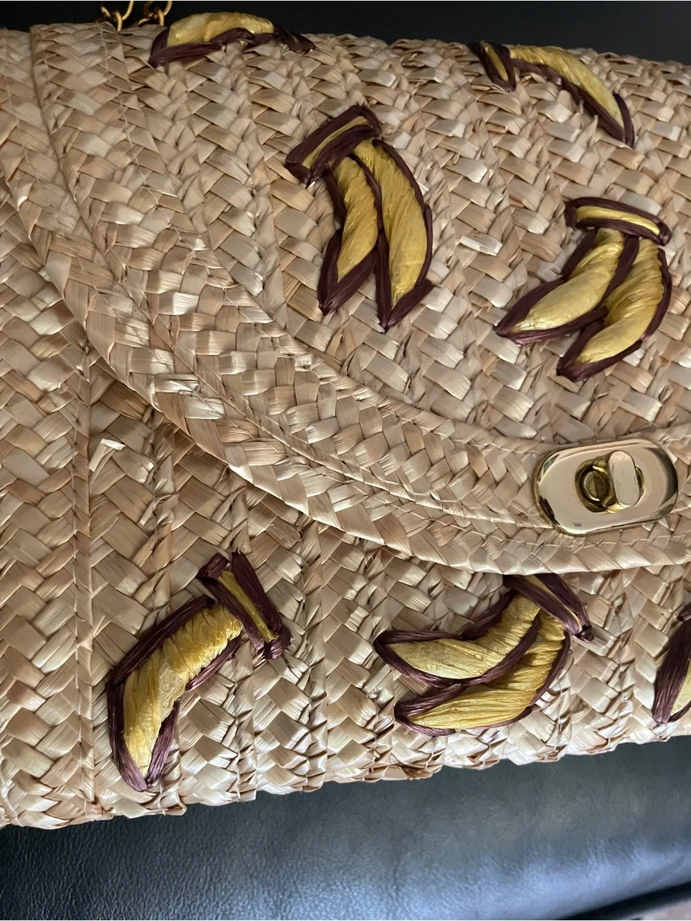 Woven Straw Banana Embroidered Shoulder Bag Natural gold tone chain kawaii pinup